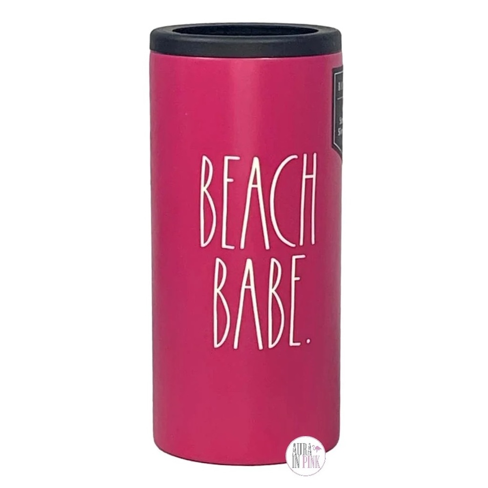 Rae Dunn Insulated Stainless Steel Slim Can Cooler Magenta with White Beach Babe